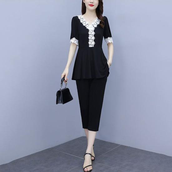 Женский летний повседневный комплект из двух предметов с V-образным вырезом, короткими рукавами, кружевной отделкой, брюками-семь четвертей, женский рабочий наряд