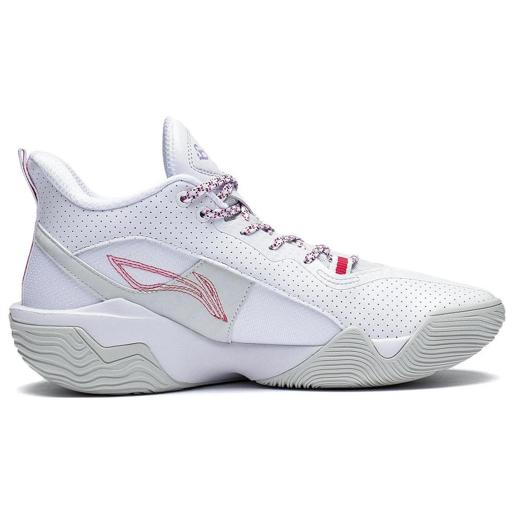 Li Ning Bad Five Storm V2 Shock Absorbing Wear Resistant Non Slip Mid Top Basketball Shoes Men Basketball Shoes White Purple ABFS009-4