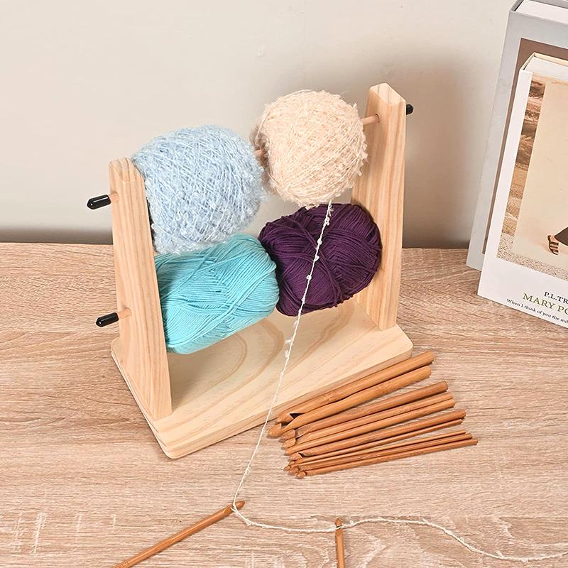 1PC Wooden DIY Craft Yarn Ball Stand Yarn Dispenser Solid Wood Dual Rotating Design for Crocheting Knitting Rotatable Yarn Holder