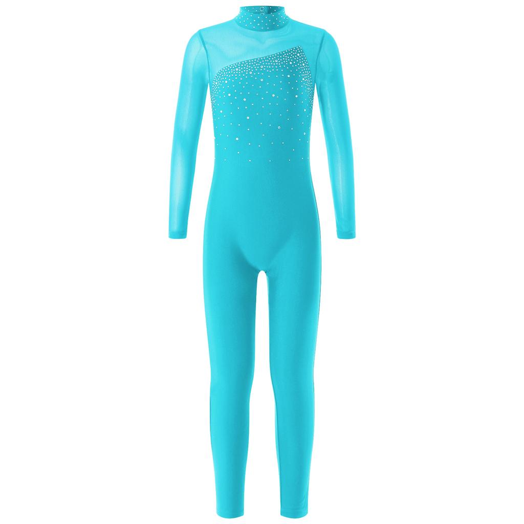 Kids Girls Long Sleeve Shiny Rhinestone Hollow Back Skating Leotard One Piece Gymnastic Jumpsuit