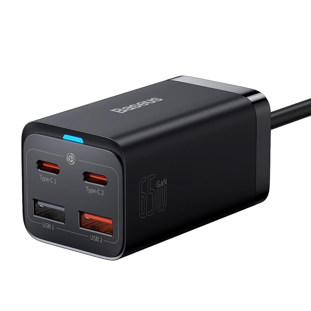 Быстрое настенное зарядное устройство GaN3 Pro 2x USB-C / 2x USB 65 Вт PD QC + USB-C кабель 1м Черный