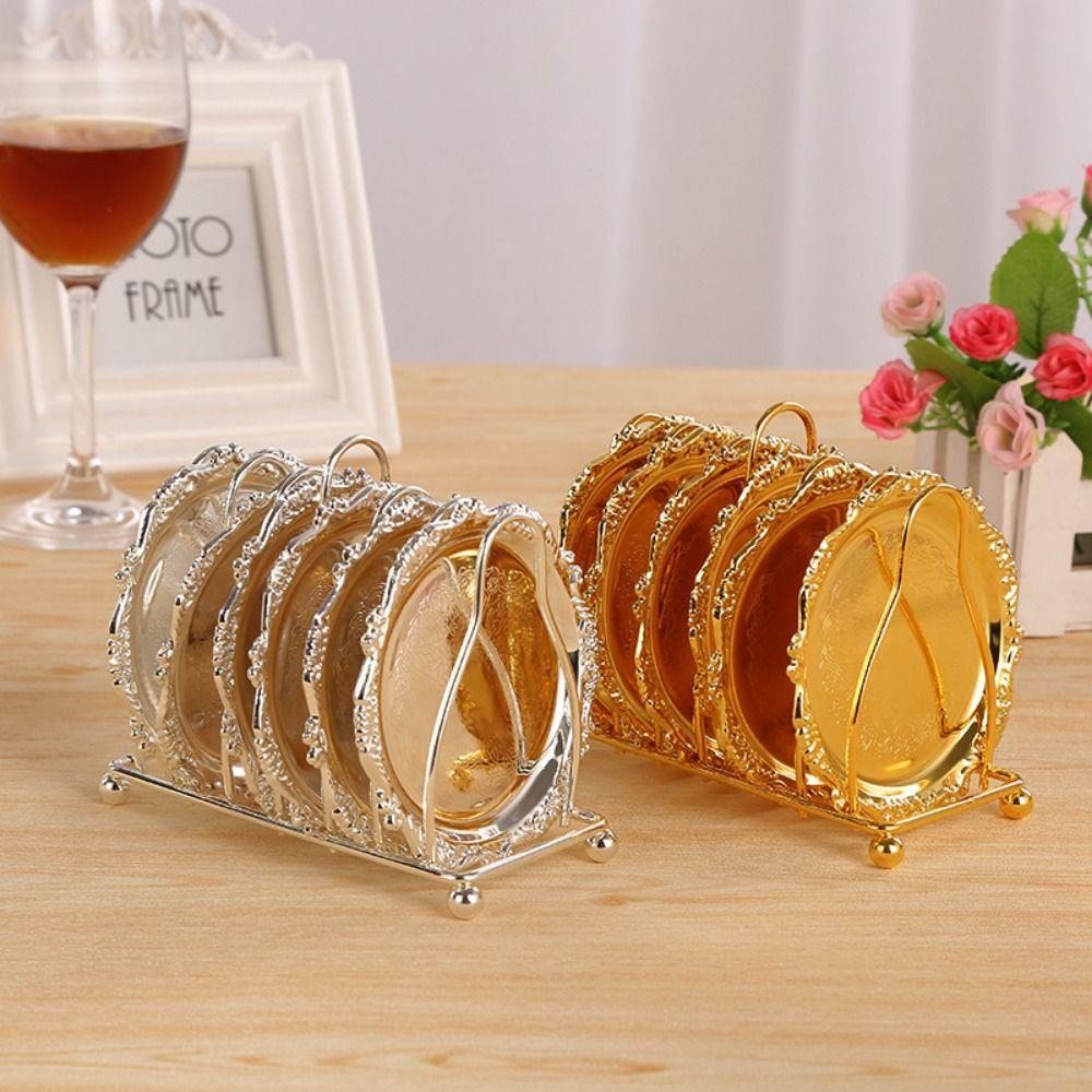 7 Pcs/set Zinc Zinc Zinc Alloy Patterned Cup Mat Plated Metal Cake Tray European Decor Racks  Fruit Tray
