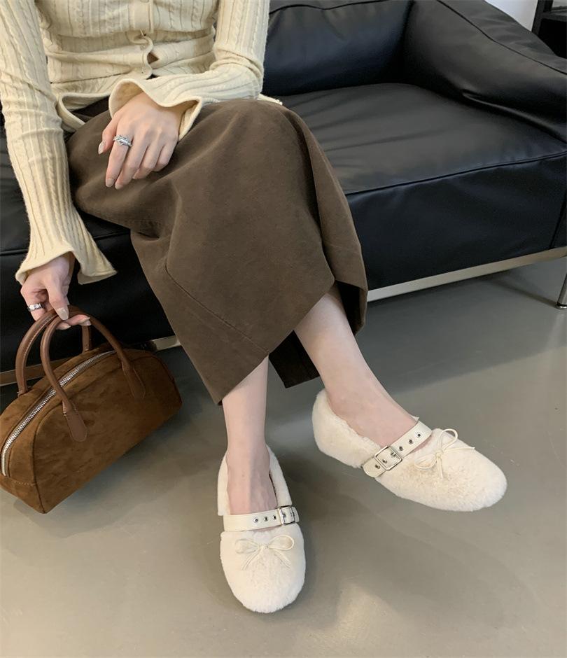 2025 осень и зима удобные универсальные туфли из хлопка с круглым носком и мягкой подошвой, с бантом, ремешком с пряжкой, на плоской подошве, пушистые туфли