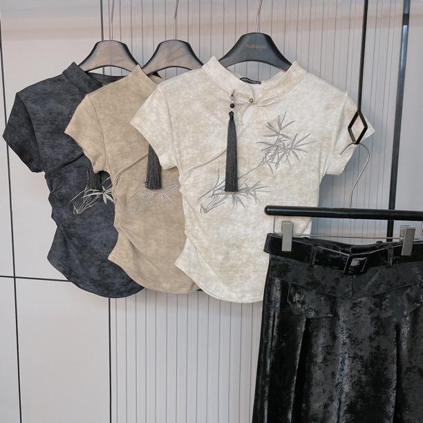 Футболка женская Thirteen Lines 2024 в китайском стиле с вышитыми пуговицами, короткий топ