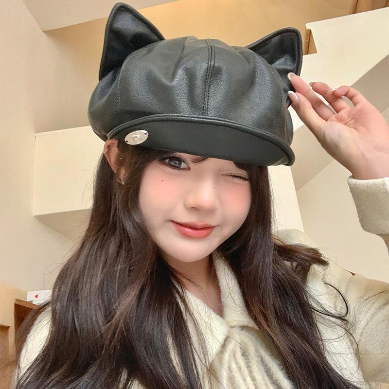 Niche design cat ears black beret female sweet and cute versatile big head circumference octagonal cloud newsboy hat