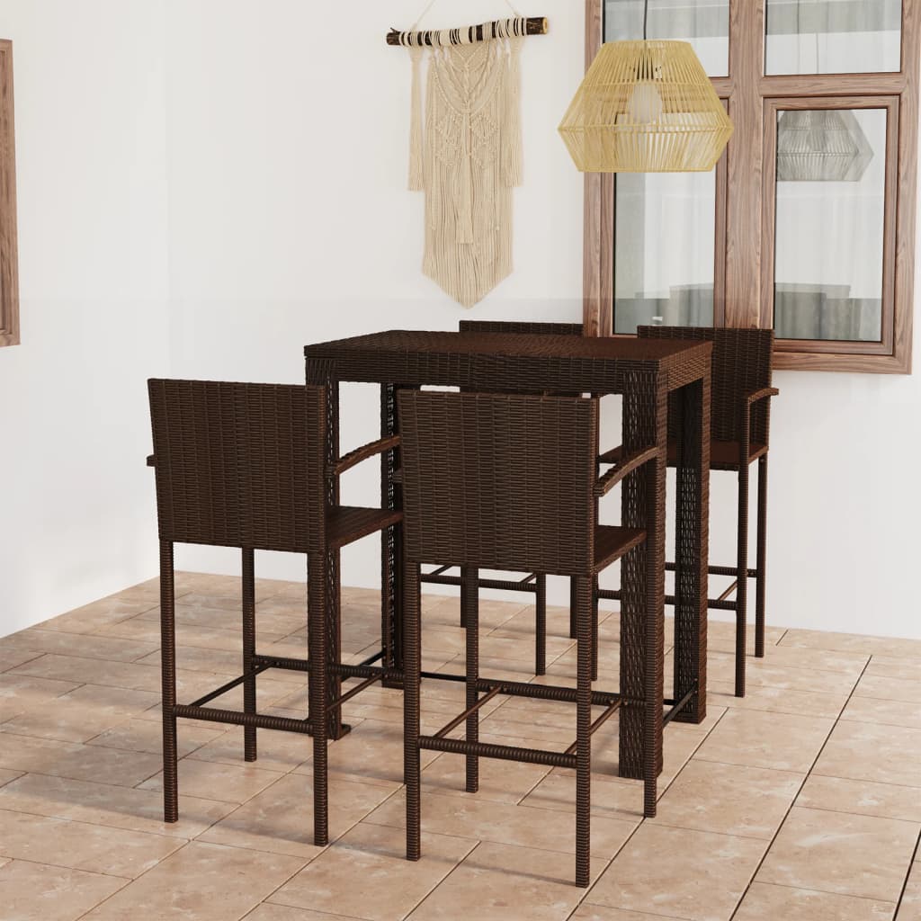 5 Piece Garden Bar Set with Armrests Poly Rattan Brown