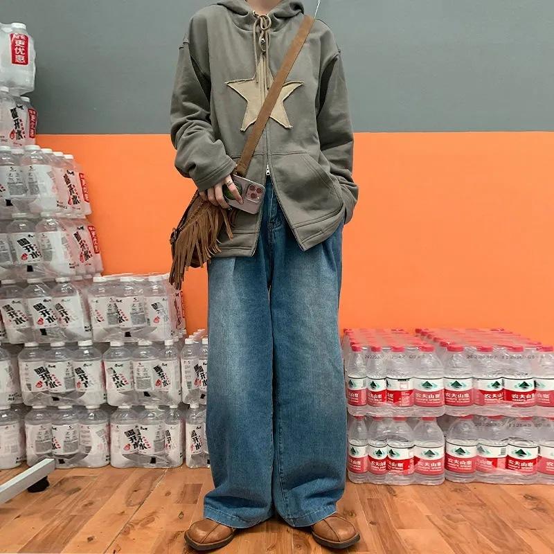 Готический Harajuku, винтажные толстовки со звездами, корейская мода, свободная толстовка на молнии с длинными рукавами в стиле хип-хоп, куртка Y2k, стильная одежда