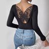 Women's New Elegant Back Hollow Paste Hu Die Lace Long-sleeved Solid-coloured T-shirt Thin Tops
