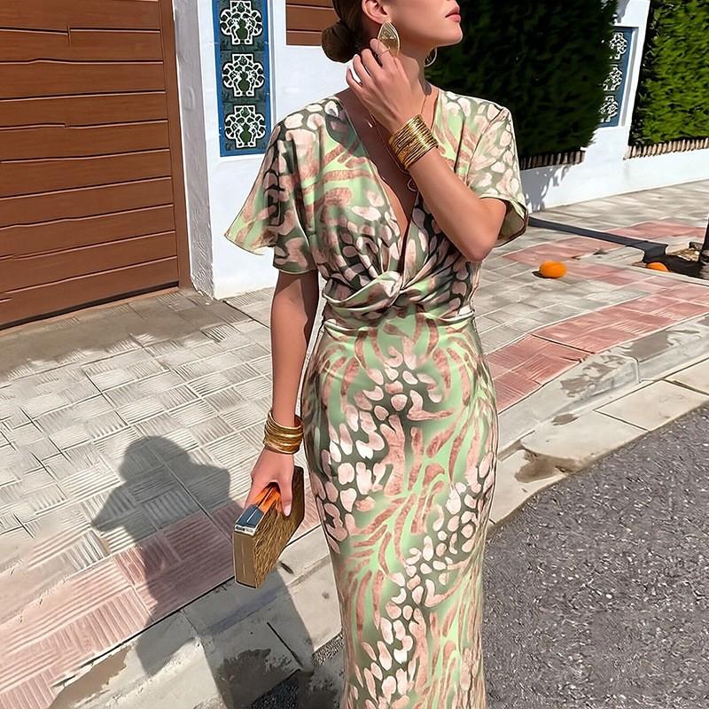 Elegant V-Neck Printed Long Dress 2026 Slim Fit Party Women