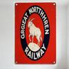Vintage Great Northern Railway Metal Tin Sign Red with Blue Oval & Goat Illustration, Rounded Corners, Riveted Corners, for Home