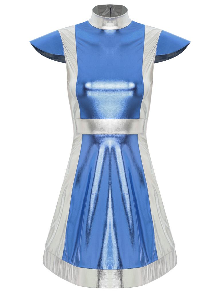 Women's Space Fighter Costume Alien Dress-Up, Metallic Shiny Contrast Dress with Mock Neck & Cap Sleeves for Halloween Cosplay