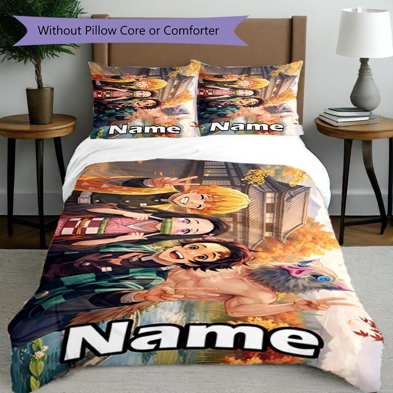 3pcs Duvet Cover Set (1*Duvet Cover + 2*Pillowcase, Without Core), Custom Name Demon Slayer Pattern Bedding Set, Home Bedroom Decor Gift