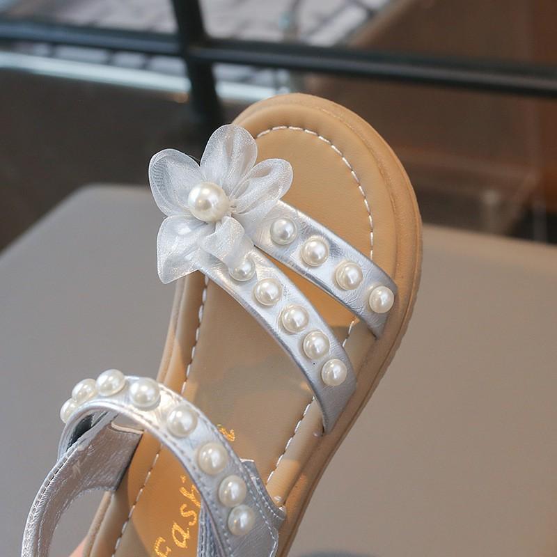 Girls Princess Sandals With Pearl Flower Decor Soft Rubber Sole Beach Dressy Wear