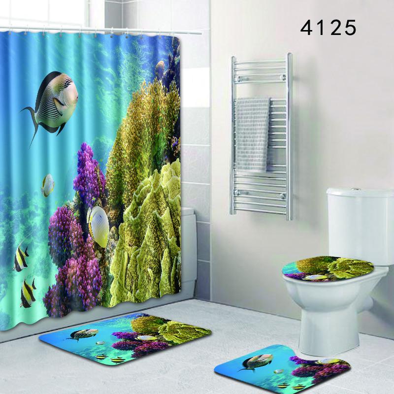 Undersea Landscape Bathroom Shower Curtain Floor Mat Toilet Cover Foot Pad Four-Piece Pattern Size Fixed Zhi