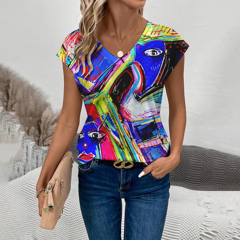 Женская футболка с v-образным вырезом, 3D граффити, абстрактный принт, свободные повседневные топы с короткими рукавами, модные летние женские жилеты, футболки больших размеров