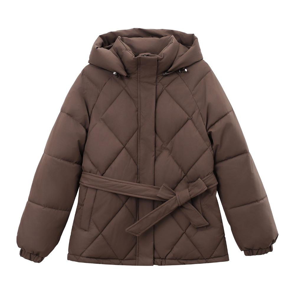 Women Hooded Collar Cotton Parkers Belt Coat Lamb Wool Zipper Coat Medium Warm Belt Coat Jacket