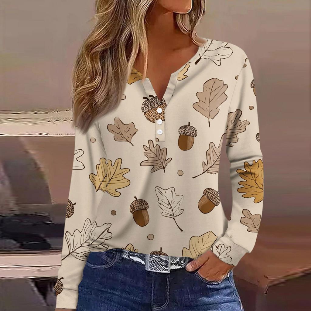 Жен. Футболка Футболка на пуговицах с длинным рукавом Повседневные Выходные Мода Классический Топ с v-образным вырезом Обычный