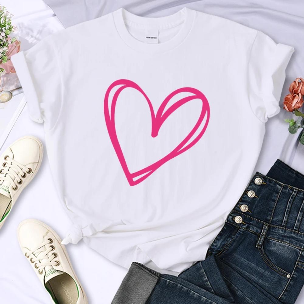Простые женские футболки с розовым сердечным принтом, индивидуальные повседневные футболки, модные универсальные креативные женские топы с короткими рукавами и круглым вырезом