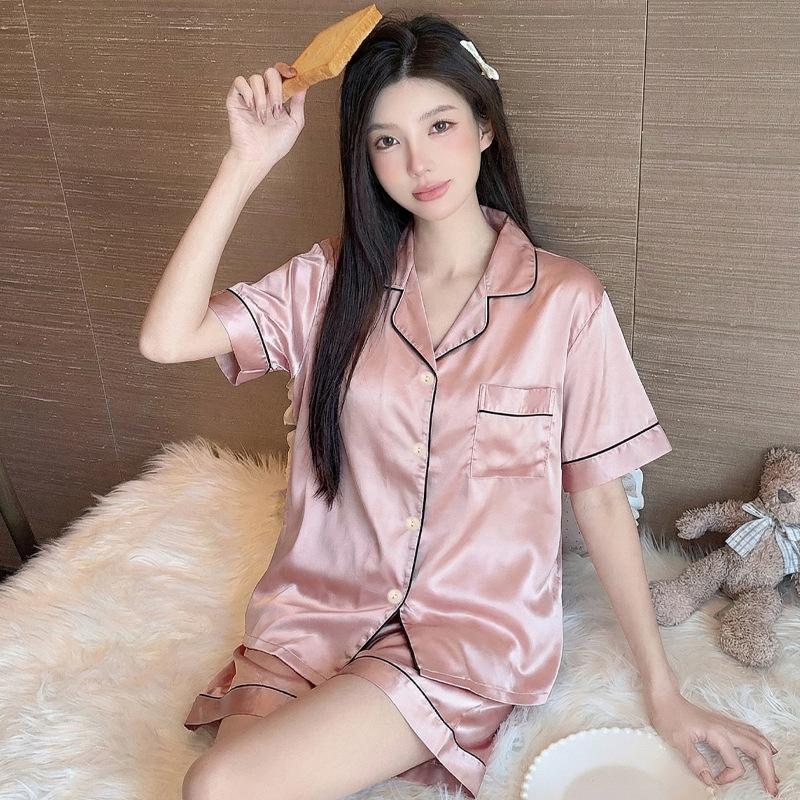 Sweet light luxury solid color simple ice silk satin pajamas women's casual loungewear short-sleeved suit can be worn outside