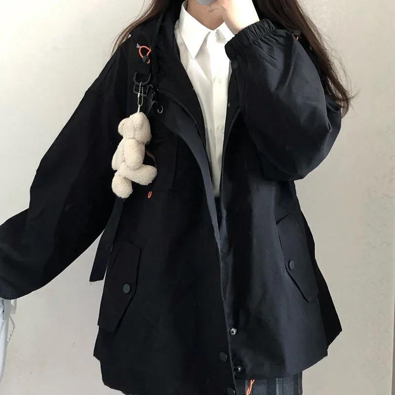 Женская однотонная куртка большого размера Harajuku корейская повседневная свободная куртка с капюшоном весна-осень на молнии для школьниц винтажная уличная одежда