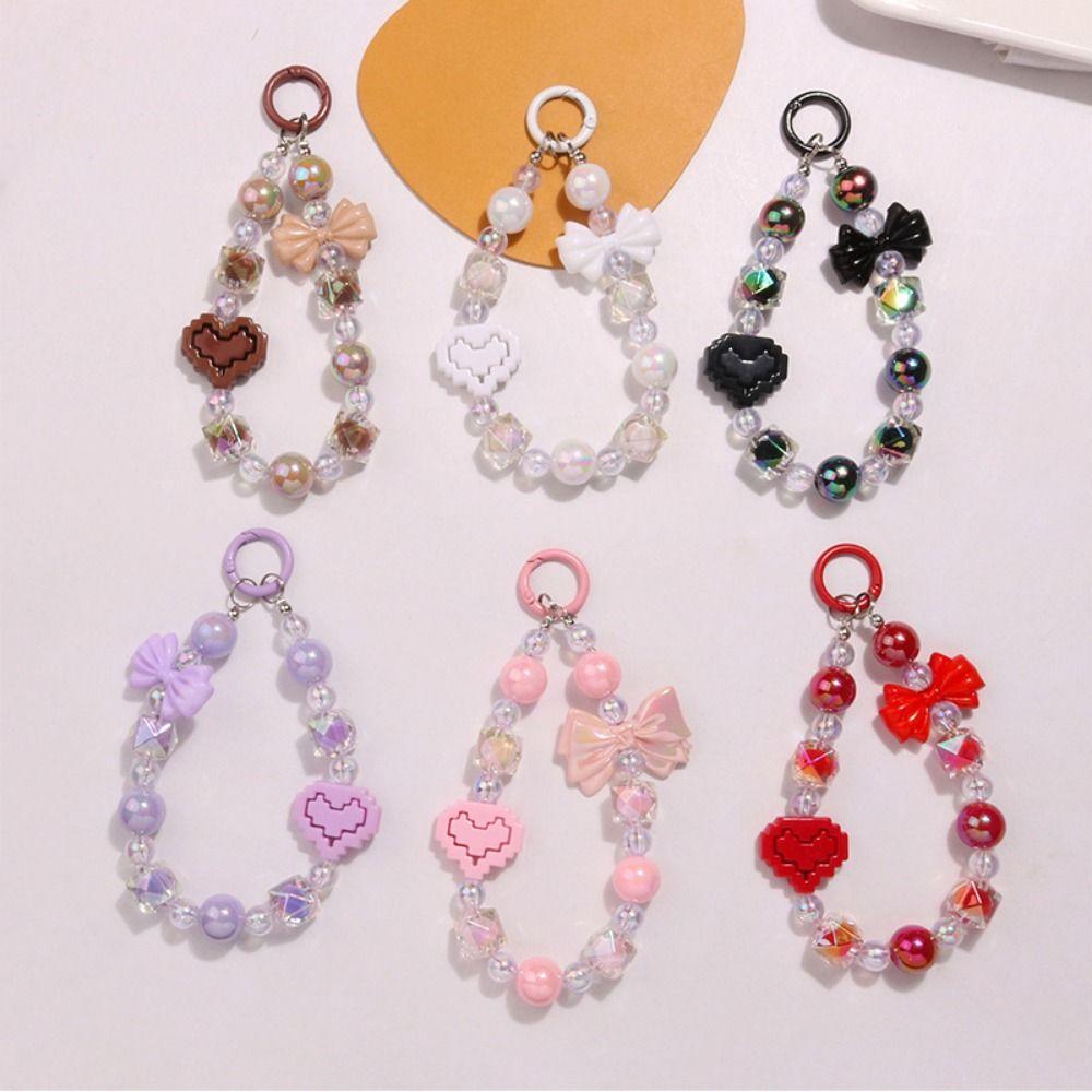 Acrylic Beaded Wrist Strap Lanyard Bowknot Phone Pendant Sweet Keychain Bag Chain  Women