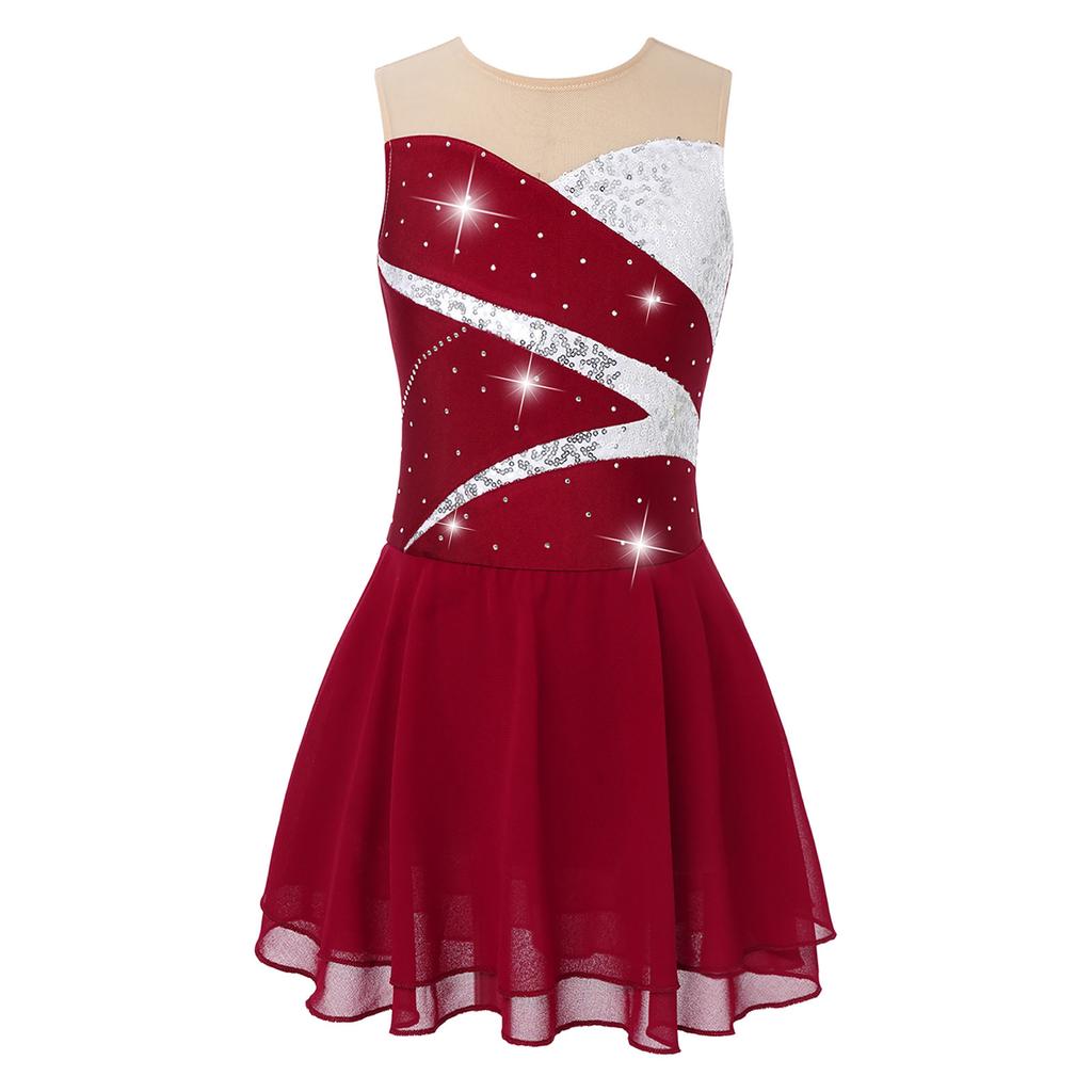 Girls Sparkly Sequined Dance Dress Sleeveless Round Neck Patchwork Hollow Back Design for Ice Skating