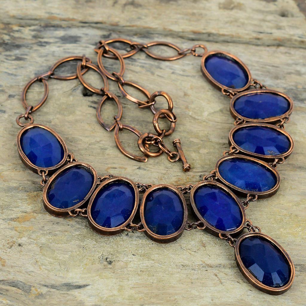 Ожерелье из граненого синего сапфира, ожерелье из электроформованной меди с регулируемой цепочкой, ожерелье из драгоценных камней ручной работы, электроформованное ювелирное изделие, подарки для нее