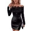 Autumn and Winter Women's Elegant Lace Splicing One Neck Strapless Long Sleeve T-Shirt
