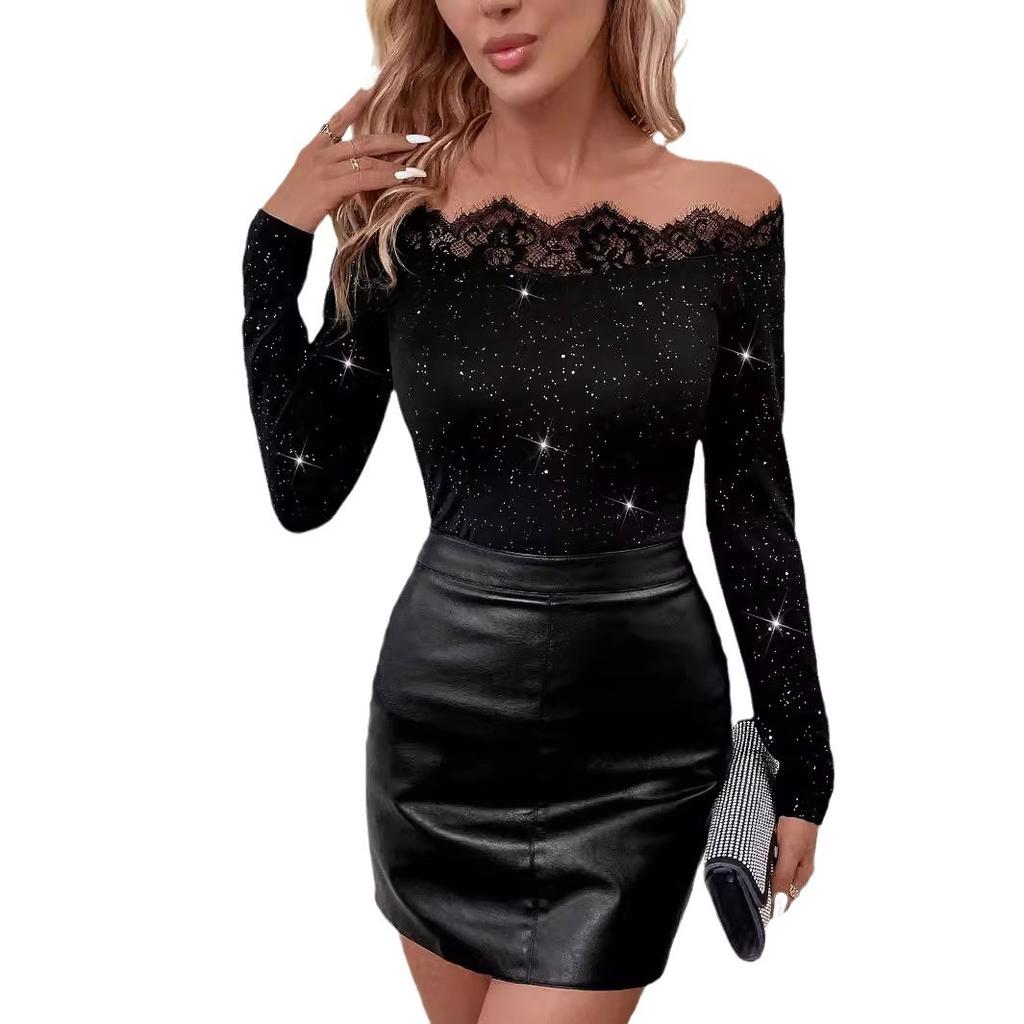 Autumn and Winter Women's Elegant Lace Splicing One Neck Strapless Long Sleeve T-Shirt
