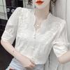 Spring Summer Embroidery Puff Sleeve Linen Cotton Women Blouse Casual White Hollow Out Tops Short Sleeve Shirt