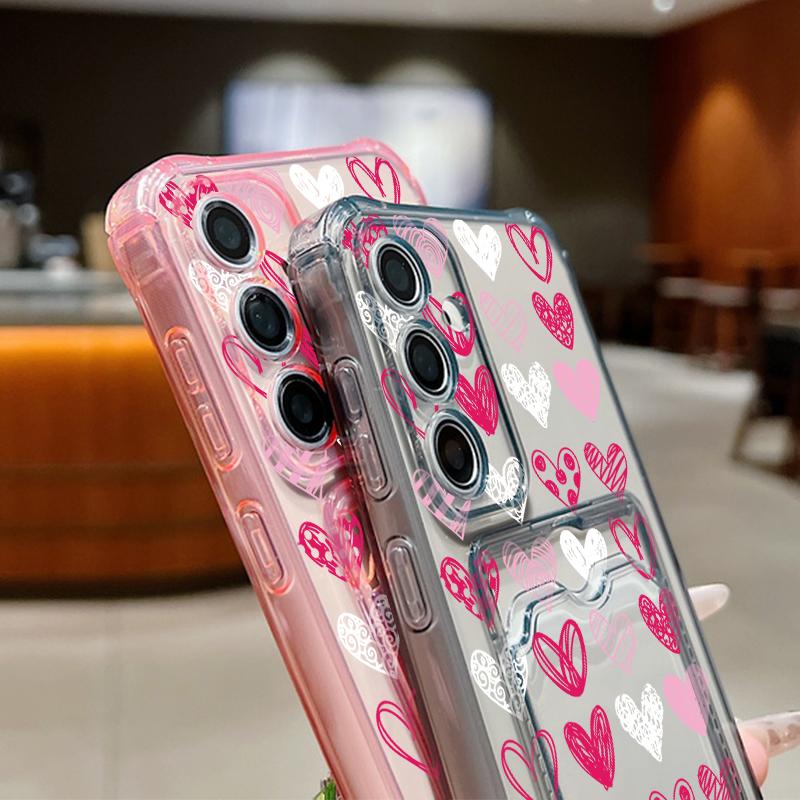 Розовый узор в виде сердец любви, противоударный прозрачный чехол для Samsung S24 FE S23 Ultra S22 A16 A55 A54 A35 A15, мягкий силиконовый слот для карт, прозрачный чехол для телефона