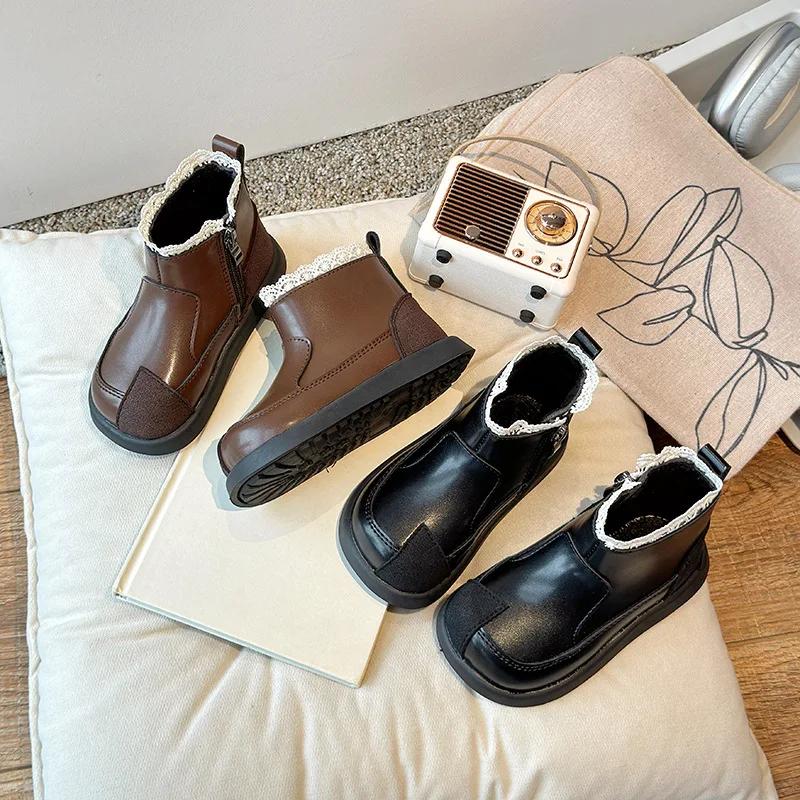 Kids Short Boots with Sweet Lace Girls Princess Boots with Cotton Non-slip 2024 Autumn Winter New Children Ankle Boots Elegant