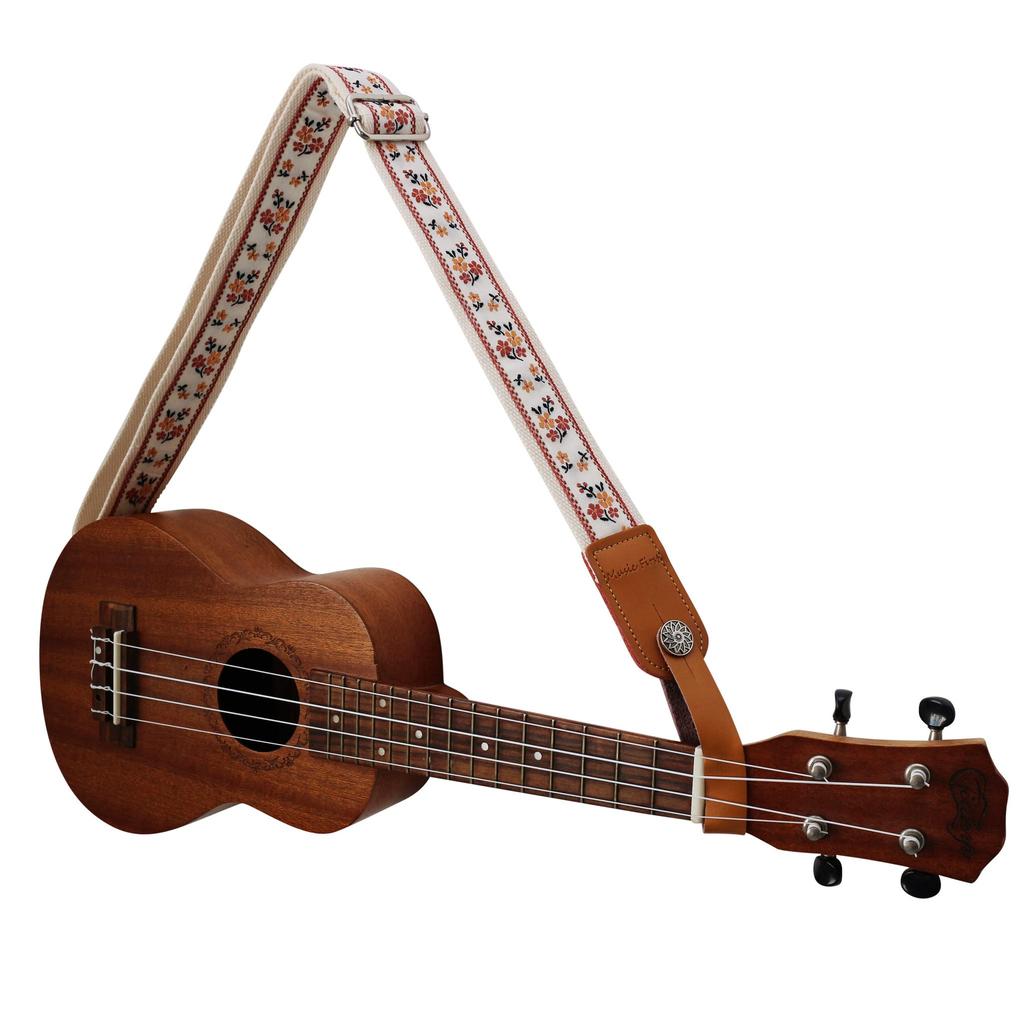 Оригинальная винтажная цветочная вышивка и натуральная кожаная укулеле. Плечевой ремень для укулеле поставляется с ремнем из натуральной кожи с дизайном [MUSIC FIRST],