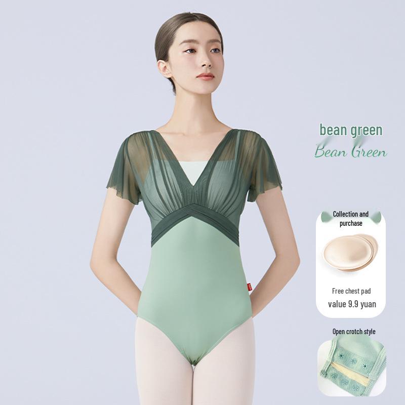 Женский купальник для балета и гимнастики: Танцевальная одежда с короткими рукавами и сборками для йоги и фигурного катания.