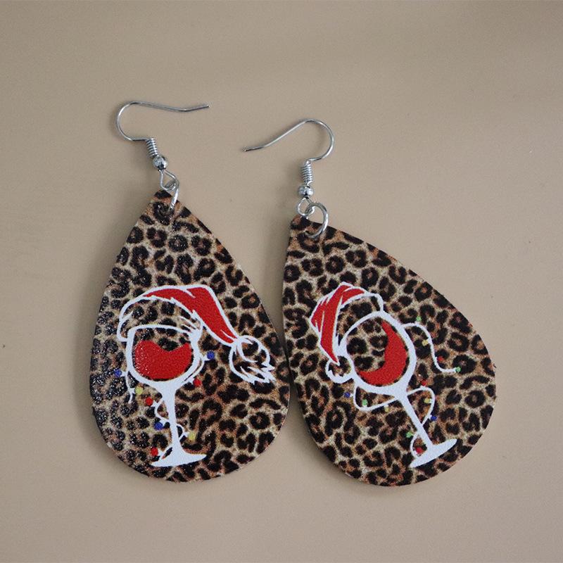 European and American Christmas Leopard Print Leather Wine Glass Teardrop Earrings