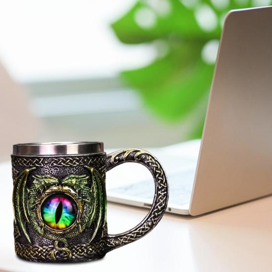 Viking Dragon Beer Mug 450ml Stainless Steel Resin Cup Hand-Painted Medieval Mug for Beer Coffee Tea Gift for Men Fans Viking Decor