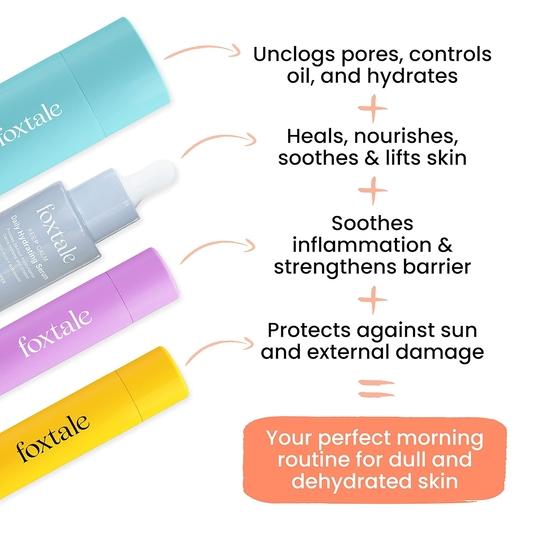 Foxtale Hydration Boost AM Routine Skin Care Kit| Cleanser 100ml + Hydration Serum 30ml + Moisturizer 50ml + Dewy Sunscreen 50ml