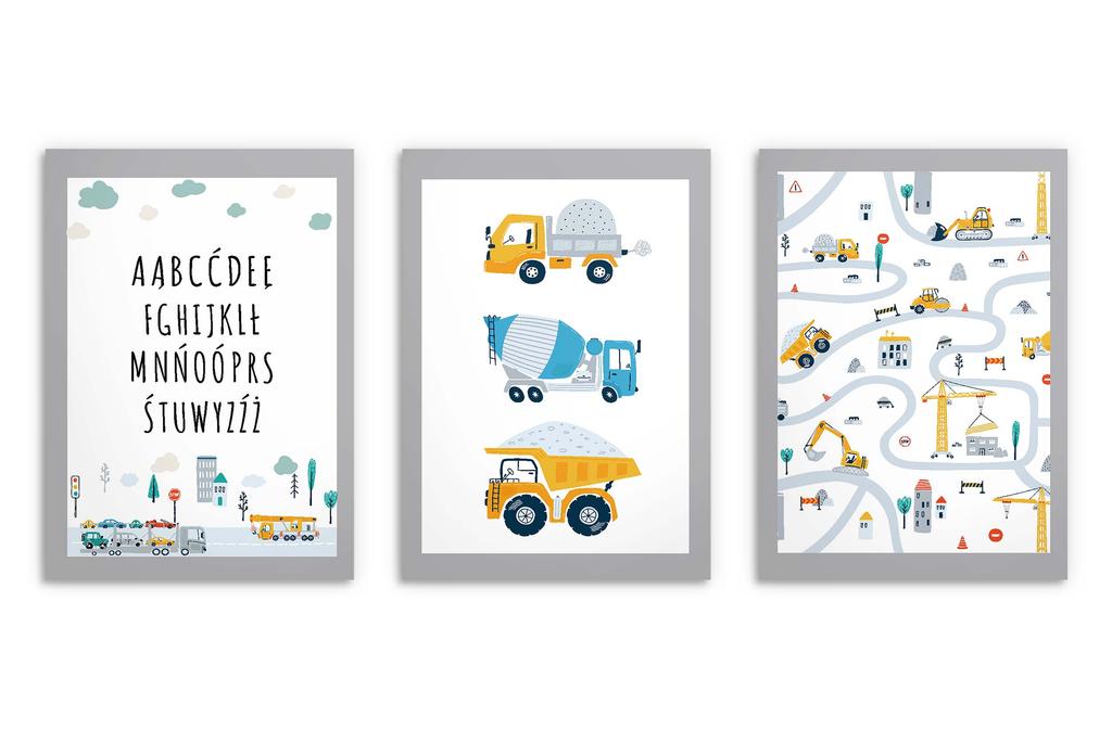 Zestaw Plakatów dla dziecka Alfabet Auta Dziecięce Obrazy dla Chłopca 30x40