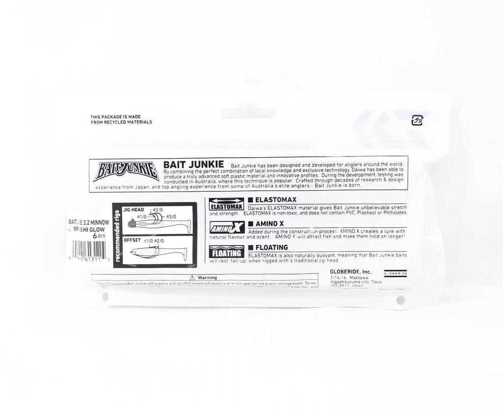 Daiwa Soft Lure Bait Junkie Minnow 3.2 Inch 6 Per Pack BP Iwashi Glo (3115)