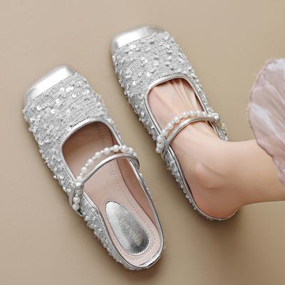 Модные кожаные и тканевые лоскутные шлепанцы с блестками для женщин, жемчужные шлепанцы с ремешком на щиколотке, уличная обувь для женщин, квадратный носок, блестящие мюли, большой размер 43