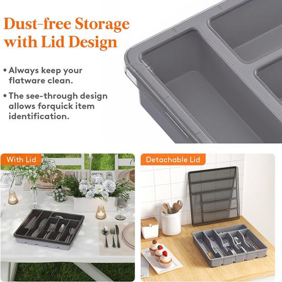 Cutlery Storage Box with Lid 6 Compartments Plastic Organizer for Kitchen Drawer And Countertop BPA-Free Tableware Holder Case for Spoons Forks