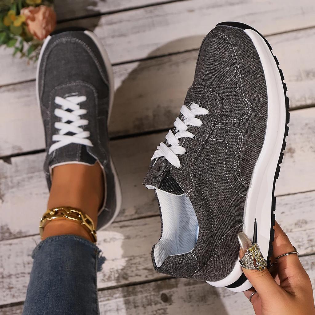 Fashion Blue Denim Platform Sneakers Women Fashion Thick Sole Lace Up Sports Shoes Woman Plus Size 43 Comfortable Casual Female Sneakers