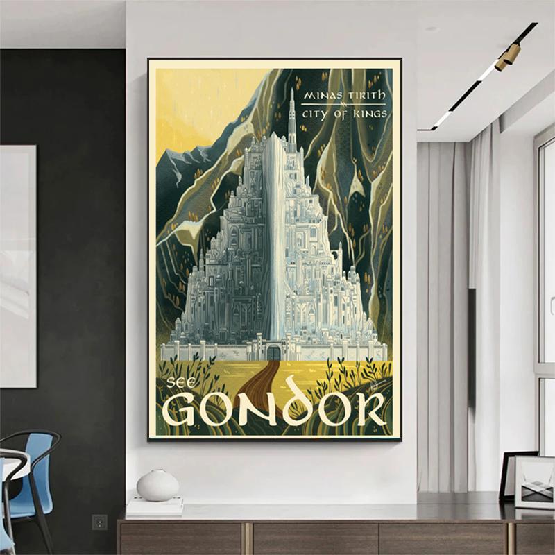 Ретро Классический Пейзаж Средиземья Холст Настенное Искусство - Яркие Иллюстрации Знаковых Мест для Фанатов Фэнтези