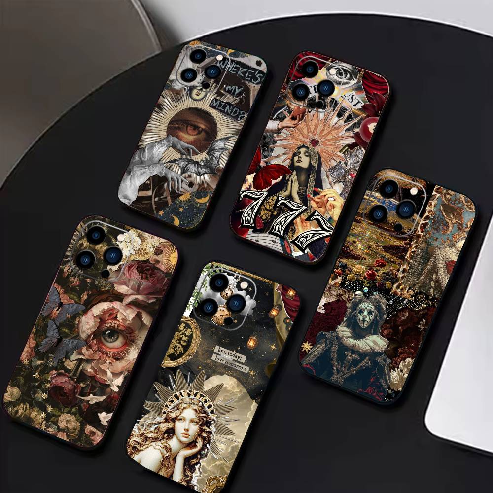 Темный Орнаментальный Коллаж Чехол для Телефона Для iPhone 17 16 15 14 13 12 Max Plus Силиконовый Черный Чехол