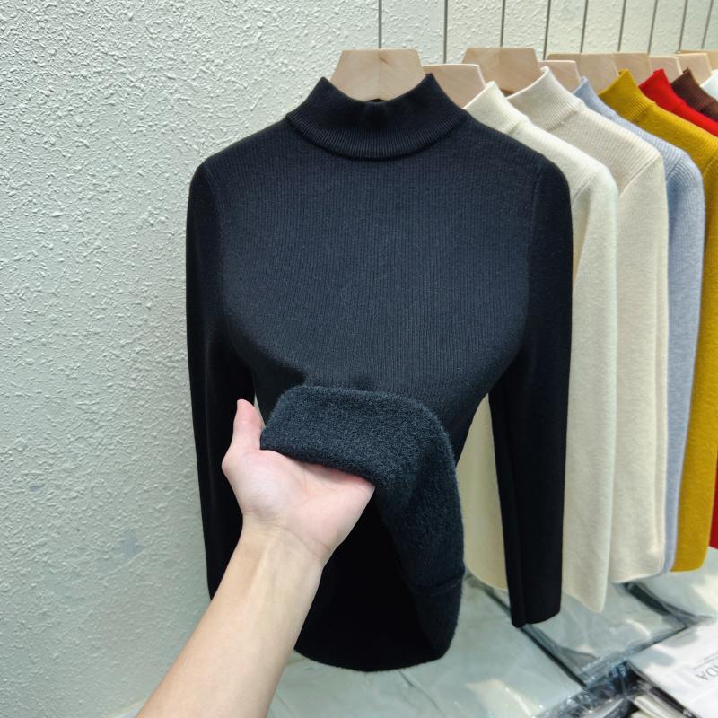 Autumn Warm Velvet Knitted Women's Sweater Casual Winter New Thicken Half High Collar Base Pullover Sweaters Elegant Solid Slim Plush Knitwears 25206