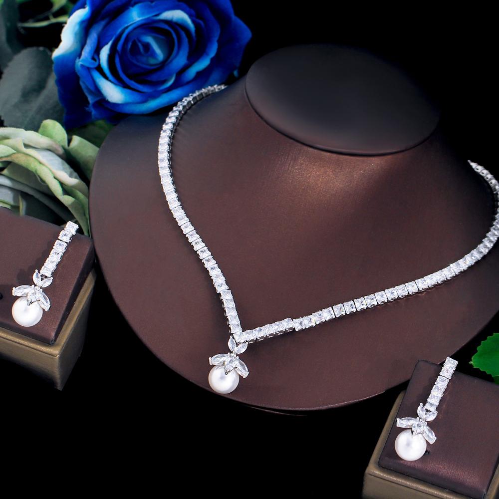 CMM Элегантные висячие серьги с белым фианитом, женское праздничное ожерелье, серьги, комплект ювелирных изделий из искусственного жемчуга