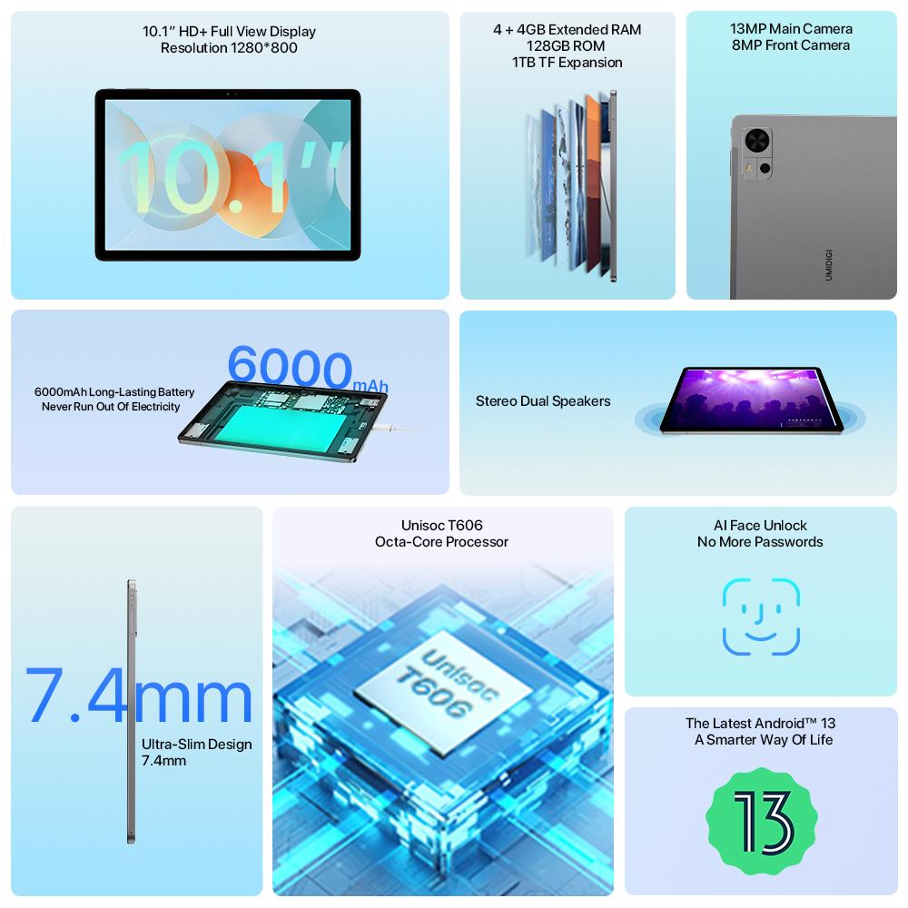 UMIDIGI Планшет G5 Tab, Android 13, 8 ГБ(4+4ГБ) ОЗУ, 128 ГБ ПЗУ, Аккумулятор 6000 мАч, Unisoc T606, 10,1” HD+ Дисплей Full View, 13 МП Основная камера Дешевый планшет