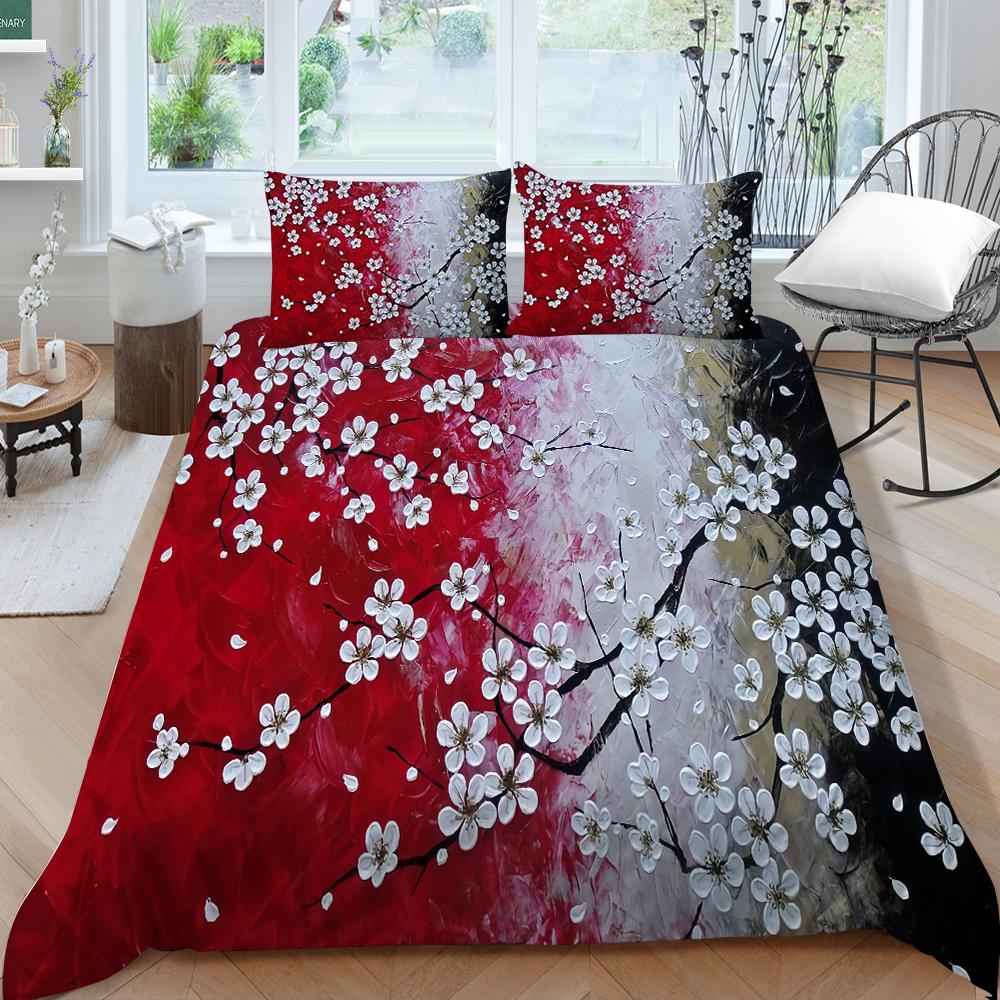 3D Family Bedding Single Double Bed Full Size Bedding Plum Blossom Pattern Pillowcase and Quilt Cover Noble and Washable Family Decoration