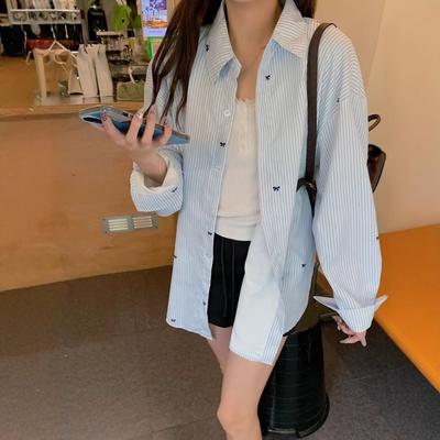 Корейский Весенне-Осенний Новый Стиль Женская Повседневная Простая Свободная Ленивая Стильная Полосатая Рубашка с Длинным Рукавом Дизайн Топ для Защиты от Солнца