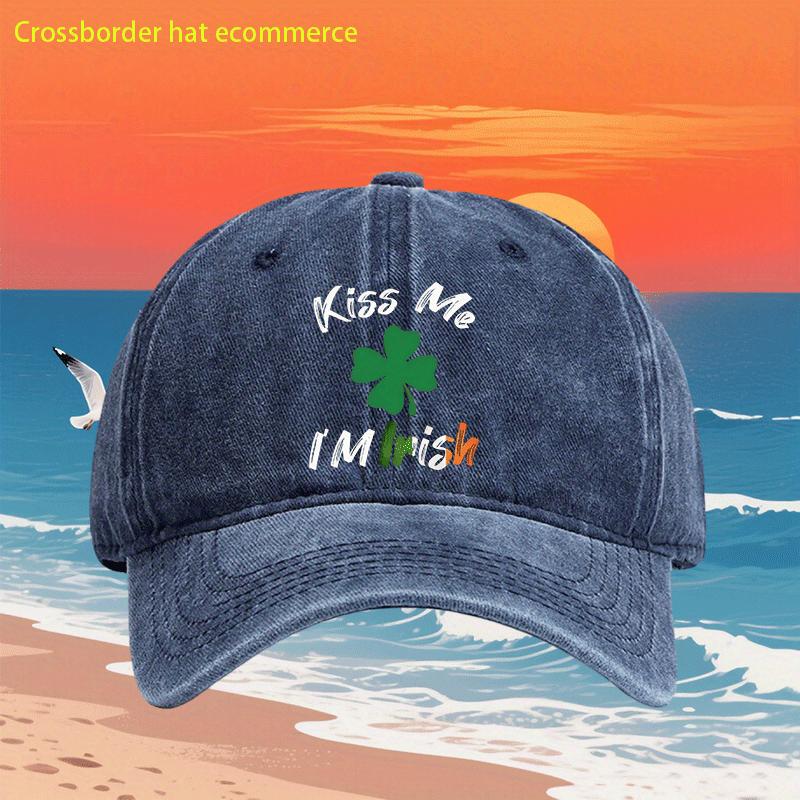 Kiss Me Im Irish Clover Washed Baseball Cap Vintage St Patricks Day Adjustable Unisex Hat